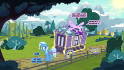 Size: 3840x2160 | Tagged: safe, artist:le-23, imported from derpibooru, starlight glimmer, trixie, pony, unicorn, road trippin, airship, canterlot, complex background, duo, fence, high res, mountain, road, speech bubble, tree, trixie's wagon, windmill