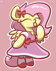 Size: 2560x3250 | Tagged: dead source, safe, artist:kimjoman, artist:php142, imported from derpibooru, fluttershy, pegasus, semi-anthro, bipedal, bow, cel shading, clothes, crossover, cute, dress, eyes closed, female, mare, pink background, shading, shyabetes, simple background, solo, spread wings, terraria, tongue out, wings