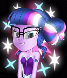 Size: 3000x3500 | Tagged: safe, artist:aryatheeditor, imported from derpibooru, sci-twi, twilight sparkle, equestria girls, accessories, accessory, bare shoulders, beautiful, bedroom eyes, breasts, bust, cleavage, clothes, cutie mark, cutie mark background, digital art, dress, element of magic, female, geode of telekinesis, glasses, glow, glowing, glowing eyes, grin, hair bun, heterochromia, jewelry, looking at you, looking down, looking down at you, magical geodes, nerd, outfit, pendant, photo, powerful sparkle, relaxed, shiny, sleeveless, smiling, solo, sparkles, strapless