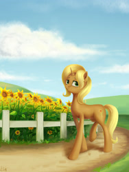 Size: 3543x4724 | Tagged: safe, artist:lin feng, imported from derpibooru, sunflower spectacle, pony, unicorn, female, fence, flower, high res, solo, sunflower