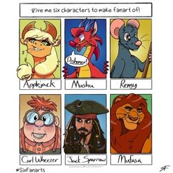 Size: 1080x1080 | Tagged: safe, imported from derpibooru, applejack, anthro, big cat, dragon, earth pony, eastern dragon, human, lion, pony, rat, six fanarts, anthro with ponies, carl wheezer, crossover, female, glasses, hat, jack sparrow, jimmy neutron, jimmy neutron: boy genius, male, mare, mufasa, mulan, mushu, pirate hat, pirates of the caribbean, ratatouille, remy, straw in mouth, the lion king