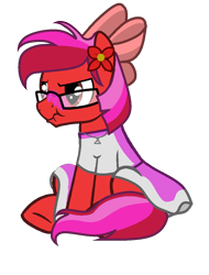 Size: 866x1142 | Tagged: safe, artist:ngthanhphong, imported from derpibooru, oc, oc only, oc:ruby star, pony, blushing, bow, clothes, crossdressing, dress, embarrassed, flower, flower in hair, glasses, jewelry, male, necklace, prank, pranked, simple background, sitting, solo, stallion, transparent background