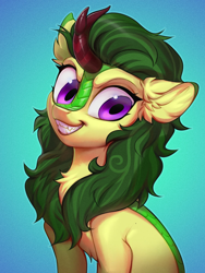 Size: 1500x2000 | Tagged: safe, artist:vensual99, edit, imported from derpibooru, oc, oc only, oc:aspen quake, kirin, ear fluff, evil grin, female, furrowed brow, gradient background, grin, kirin oc, smiling, solo, toothy grin