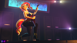 Size: 3840x2160 | Tagged: safe, artist:shadowboltsfm, imported from derpibooru, sunset shimmer, anthro, plantigrade anthro, 3d, 4k, boots, breasts, cute, electric guitar, eyes closed, grin, guitar, hard rock, high heel boots, high heels, musical instrument, rock (music), shoes, smiling, source filmmaker, spotlight, stage, sunset shredder