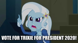 Size: 1280x714 | Tagged: safe, edit, edited screencap, imported from derpibooru, screencap, trixie, equestria girls, rainbow rocks, 2020 election, female, image macro, meme, trixie yells at everything