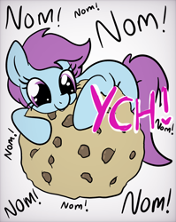 Size: 1536x1928 | Tagged: safe, artist:lannielona, imported from derpibooru, pony, advertisement, big eyes, commission, cookie, female, food, giant food, mare, nom, silly, simple background, solo, white background, your character here