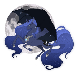 Size: 1600x1494 | Tagged: safe, artist:dementra369, imported from derpibooru, princess luna, alicorn, pony, curved horn, female, glowing hair, horn, hybrid wings, jewelry, moon, regalia, simple background, solo, transparent background, wings