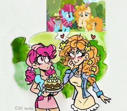 Size: 2453x2139 | Tagged: safe, artist:citi, imported from derpibooru, screencap, cup cake, pear butter, human, the perfect pear, blushing, cake, chiffon swirl, clothes, cutie mark, cutie mark accessory, cutie mark on clothes, faic, flower, flower in hair, food, heart, humanized, messy hair, messy mane, scene interpretation, screencap reference, younger