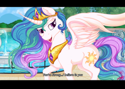 Size: 2230x1580 | Tagged: safe, artist:stainedglasslighthea, imported from derpibooru, princess celestia, alicorn, pony, black bars, curved horn, female, horn, looking at you, mare, solo, text