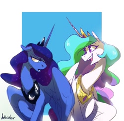 Size: 1201x1165 | Tagged: safe, artist:anticular, imported from derpibooru, princess celestia, princess luna, alicorn, pony, duo, female, floppy ears, mare, open mouth, raised hoof, royal sisters, sisters, spread wings, wings