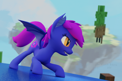 Size: 1920x1280 | Tagged: safe, artist:windvile, imported from derpibooru, oc, oc:windvile, bat pony, pony, 3d, abstract background, bat pony oc, bat wings, blender, fangs, floating island, grin, orange eyes, purple hair, smiling, standing, wings