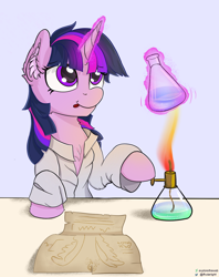 Size: 1396x1762 | Tagged: safe, artist:exploretheweb, imported from derpibooru, twilight sparkle, pony, unicorn, alcohol burner, chemistry, chest fluff, ear fluff, erlenmeyer flask, flask, glowing horn, horn, solo, tongue out