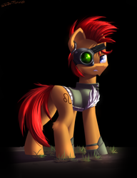 Size: 2300x3000 | Tagged: safe, artist:shido-tara, imported from derpibooru, oc, oc:leo zodiac, fallout equestria, fallout equestria: project horizons, clothes, fanfic art, looking back, simple background