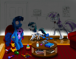 Size: 3300x2550 | Tagged: safe, artist:jac59col, imported from derpibooru, night light, shining armor, smarty pants, twilight sparkle, twilight velvet, pony, baby, baby pony, babylight sparkle, bloodshot eyes, book, bottle, broken glass, broken vase, chase, crying, crylight sparkle, desperation, mud, parenting, toy, vase, wat, winnie the pooh, wip, younger