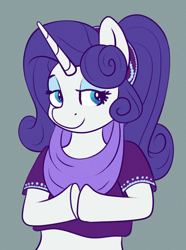 Size: 1519x2038 | Tagged: safe, artist:dummyhorse, artist:phutashi, imported from derpibooru, rarity, genie, semi-anthro, unicorn, alternate hairstyle, bust, clothes, female, geniefied, gray background, hooves together, lidded eyes, looking at you, simple background, smiling, solo, three quarter view