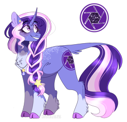 Size: 1020x980 | Tagged: safe, artist:wanderingpegasus, imported from derpibooru, oc, oc only, pony, unicorn, braid, chest fluff, cloven hooves, cutie mark, ear fluff, female, jewelry, leonine tail, magical lesbian spawn, mare, necklace, offspring, parent:starlight glimmer, parent:trixie, parents:startrix, simple background, smiling, solo