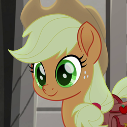 Size: 1080x1080 | Tagged: safe, imported from derpibooru, screencap, applejack, earth pony, pony, rainbow roadtrip, bag, cropped, cute, female, jackabetes, mare, saddle bag, solo