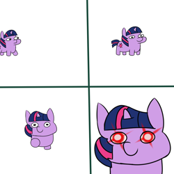 Size: 2000x2000 | Tagged: artist needed, source needed, safe, imported from derpibooru, twilight sparkle, pony, unicorn, comic, glowing eyes, looking at you, meme, simple background, solo, squatpony, the fourth wall cannot save you, twiggie, unicorn twilight, vibe check, walking