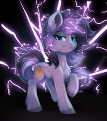 Size: 871x984 | Tagged: safe, artist:a-lunar-eclipse, imported from derpibooru, oc, oc only, oc:purple flame, pony, unicorn, chest fluff, horn, lightning, solo, sparking horn, unicorn oc