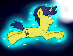 Size: 2807x2137 | Tagged: safe, artist:allythewolffy98, imported from derpibooru, comet tail, pony, unicorn, flying, glowing eyes, levitation, magic, male, moon, night, solo, telekinesis