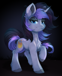 Size: 749x909 | Tagged: safe, alternate version, artist:a-lunar-eclipse, imported from derpibooru, oc, oc only, oc:purple flame, pony, unicorn, horn, raised hoof, solo, unicorn oc