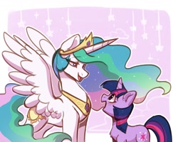 Size: 1280x1024 | Tagged: safe, artist:colorfulcolor233, artist:oofycolorful, imported from derpibooru, princess celestia, twilight sparkle, alicorn, pony, unicorn, chest fluff, crown, cute, cutelestia, duo, female, horn, jewelry, looking at each other, mare, open mouth, profile, regalia, simple background, spread wings, twiabetes, unicorn twilight, wings