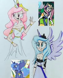 Size: 540x664 | Tagged: safe, artist:lunaart, idw, imported from derpibooru, screencap, princess celestia, princess luna, human, friendship is magic, breasts, cleavage, clothes, crown, cute, cutie mark on human, dress, horn, horned humanization, humanized, jewelry, lunabetes, pink-mane celestia, regalia, scene interpretation, traditional art, winged humanization, wings, young celestia, young luna