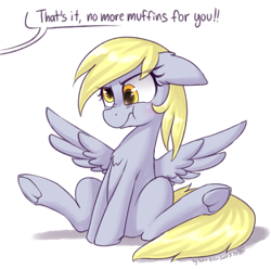 Size: 1759x1747 | Tagged: safe, artist:datte-before-dawn, artist:dsp2003, imported from derpibooru, derpy hooves, pegasus, pony, :t, angry, bad pony, blushing, chest fluff, collaboration, comic, cute, derpabetes, dialogue, ear fluff, ears back, female, floppy ears, frog (hoof), frown, glare, grumpy, madorable, mare, muffin, nose wrinkle, offscreen character, pure unfiltered evil, scrunchy face, shaming, signature, simple background, single panel, sitting, solo, speech bubble, spread legs, spread wings, spreading, that pony sure does love muffins, this will end in death, this will end in tears, this will end in tears and/or death, underhoof, white background, wings