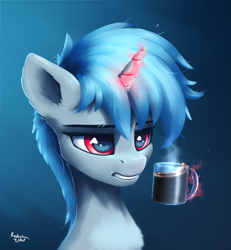 Size: 3000x3250 | Tagged: safe, artist:kridershot, imported from derpibooru, oc, oc:ponywka, pony, unicorn, coffee, cup, fake smile, high res, magic, magic aura, male, messy mane, red eyes, simple background, smiling, solo, tired