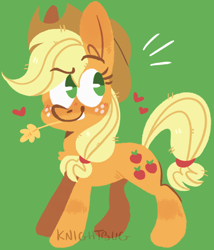 Size: 736x858 | Tagged: safe, artist:knightbug, imported from derpibooru, applejack, earth pony, pony, cowboy hat, female, green background, hat, heart, mare, no pupils, simple background, smiling, solo, straw in mouth