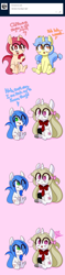 Size: 1500x6380 | Tagged: safe, artist:fullmetalpikmin, imported from derpibooru, oc, oc:cherry blossom, oc:mal, oc:poppy seed, oc:viewing pleasure, tumblr:ask viewing pleasure, amputee, ask, blushing, dialogue, frog (hoof), looking at you, simple background, sitting, underhoof