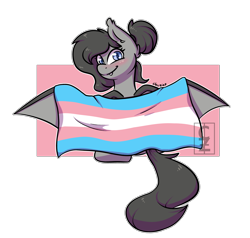 Size: 4099x3899 | Tagged: safe, artist:cleoziep, imported from derpibooru, oc, oc only, oc:crescent, bat pony, pony, blushing, cute, female, mare, patreon, patreon reward, pride, pride flag, simple background, sitting, smiling, solo, spread wings, trans pride flag, transgender pride flag, transparent background, wings