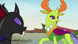 Size: 1920x1080 | Tagged: safe, imported from derpibooru, screencap, pharynx, thorax, changedling, changeling, to change a changeling, king thorax, lidded eyes, male