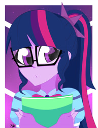 Size: 2448x3174 | Tagged: safe, artist:xan-gelx, imported from derpibooru, sci-twi, twilight sparkle, equestria girls, abstract background, adorkable, book, clothes, crossed arms, cute, dork, eyelashes, female, glasses, high res, meganekko, passepartout, solo, twiabetes, white border