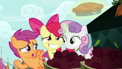 Size: 1280x720 | Tagged: safe, imported from derpibooru, screencap, apple bloom, scootaloo, sweetie belle, the big mac question, cutie mark, cutie mark crusaders, food, pie, the cmc's cutie marks