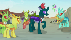 Size: 1920x1080 | Tagged: safe, imported from derpibooru, screencap, arista, clypeus, cornicle, lokiax, pharynx, thorax, changedling, changeling, to change a changeling, background changeling, flying, frenulum (g4), king thorax, male, prince pharynx, raised hoof, spread wings, wings