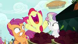 Size: 1920x1080 | Tagged: safe, imported from derpibooru, screencap, apple bloom, scootaloo, sweetie belle, the big mac question, cutie mark, cutie mark crusaders, food, mawshot, open mouth, pie, the cmc's cutie marks, uvula, volumetric mouth