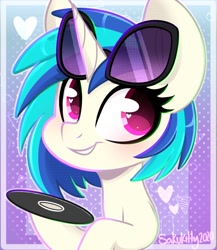 Size: 800x922 | Tagged: safe, artist:sakukitty, imported from derpibooru, dj pon-3, vinyl scratch, pony, unicorn, bust, disc, female, heart, heart eyes, mare, smiling, solo, wingding eyes