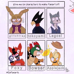 Size: 1080x1080 | Tagged: safe, artist:haze_acid, imported from derpibooru, applejack, anthro, earth pony, fox, koopa, pony, rabbit, robot, turtle, wolf, six fanarts, animal, animatronic, anthro with ponies, beastars, bowser, bust, choker, crossover, eyepatch, female, fire, five nights at freddy's, foxy, fumikage tokoyami, glitchtrap, grin, hat, hook, horns, legosi (beastars), mare, my hero academia, necktie, open mouth, signature, smiling, spiked choker, super mario bros.