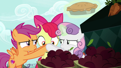 Size: 1920x1080 | Tagged: safe, imported from derpibooru, screencap, apple bloom, scootaloo, sweetie belle, the big mac question, cutie mark, cutie mark crusaders, food, pie, the cmc's cutie marks