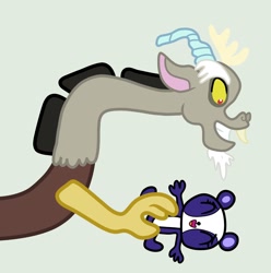 Size: 2696x2720 | Tagged: safe, artist:jadeharmony, imported from derpibooru, discord, bear, draconequus, panda, crossover, duo, eyes closed, female, gray background, littlest pet shop, male, penny ling, simple background, tickle torture, tickling