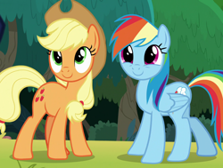 Size: 1320x1000 | Tagged: safe, imported from derpibooru, screencap, applejack, rainbow dash, earth pony, pegasus, pony, non-compete clause, cropped, cute, dashabetes, duo, female, jackabetes, mare, smiling