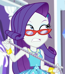 Size: 557x635 | Tagged: safe, imported from derpibooru, screencap, rarity, costume conundrum, equestria girls, equestria girls series, spoiler:eqg series (season 2), costume conundrum: rarity, cropped, female, geode of shielding, glasses, magical geodes, measuring tape, rarity's glasses, solo