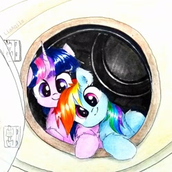 Size: 2322x2322 | Tagged: safe, artist:liaaqila, imported from derpibooru, rainbow dash, twilight sparkle, alicorn, pegasus, pony, behaving like a cat, commission, cute, dashabetes, female, lesbian, shipping, traditional art, twiabetes, twidash, twilight sparkle (alicorn), washing machine