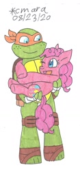 Size: 716x1534 | Tagged: safe, artist:cmara, imported from derpibooru, pinkie pie, earth pony, pony, turtle, bandana, bridal carry, carrying, crossover, female, hug, looking at each other, male, mare, michelangelo, one eye closed, open mouth, simple background, teenage mutant ninja turtles, tmnt 2012, traditional art, white background, wink