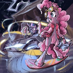 Size: 2500x2500 | Tagged: safe, artist:paskylizart, imported from derpibooru, pinkie pie, twilight sparkle, earth pony, pony, unicorn, what about discord?, back to the future, clothes, crossover, delorean, dmc, duo, female, future twilight, hoverboard, mare, marty mcfly, pinkie mcpie, skirt, sunglasses, unicorn twilight, unshorn fetlocks