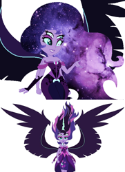 Size: 1000x1385 | Tagged: safe, imported from derpibooru, princess luna, twilight sparkle, equestria girls, ethereal mane, female, four eyes, fusion, galaxy mane, gem fusion, midnight sparkle, multiple arms, multiple eyes, this is our final form, this isn't even my final form, vice principal luna, we have become one