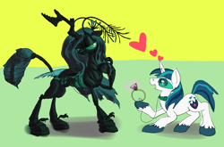 Size: 2500x1647 | Tagged: safe, artist:ja0822ck, imported from derpibooru, queen chrysalis, shining armor, changeling, changeling queen, pony, unicorn, a canterlot wedding, abdomen, antennae, claws, collar, compound eyes, exoskeleton, female, floating heart, heart, insectoid, jewelry, leash, love, mandibles, marriage proposal, mind control, ring, wedding ring