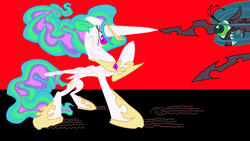 Size: 1920x1080 | Tagged: safe, artist:ja0822ck, imported from derpibooru, princess celestia, queen chrysalis, alicorn, pony, a canterlot wedding, fight, horn, horns are touching