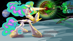 Size: 1920x1080 | Tagged: safe, artist:ja0822ck, imported from derpibooru, princess celestia, queen chrysalis, alicorn, pony, a canterlot wedding, earth, fight, horn, horns are touching, magic, moon, space